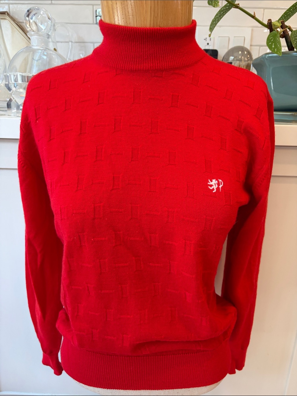 Pringle 100% Scottish Lambswool Red Mock Turtleneck Sweater with Subtle Texture